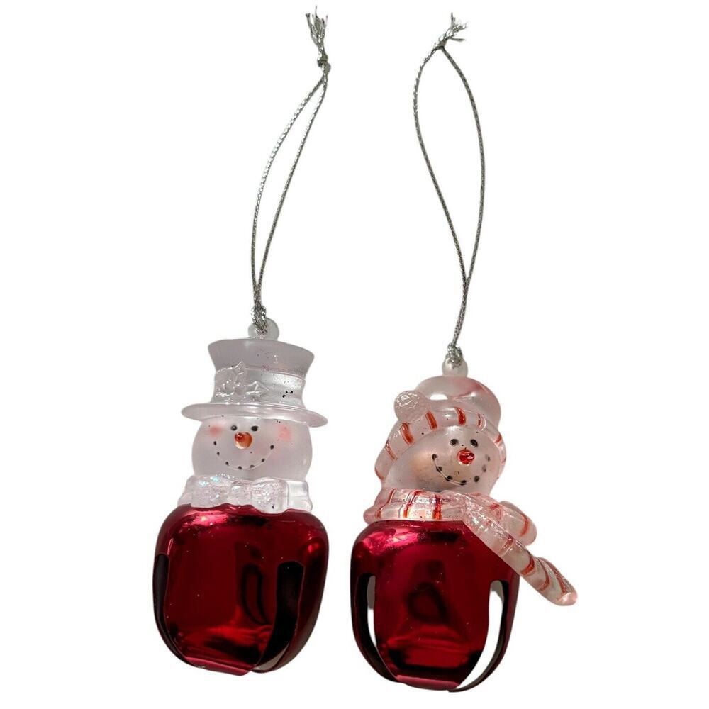 2 Roman Jingle Buddies Bell Snowmen Scarf Top Hat Red Christmas Tree Ornament
